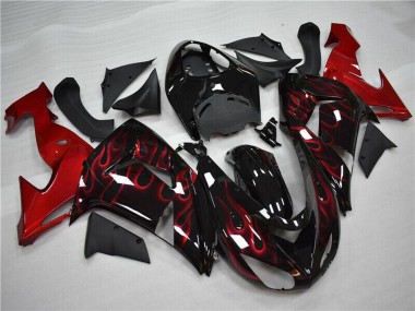 Erschwingliche Kawasaki ZX10R Motorrad Verkleidung 2006-2007 - Glanzendes Schwarz Rot Flamme