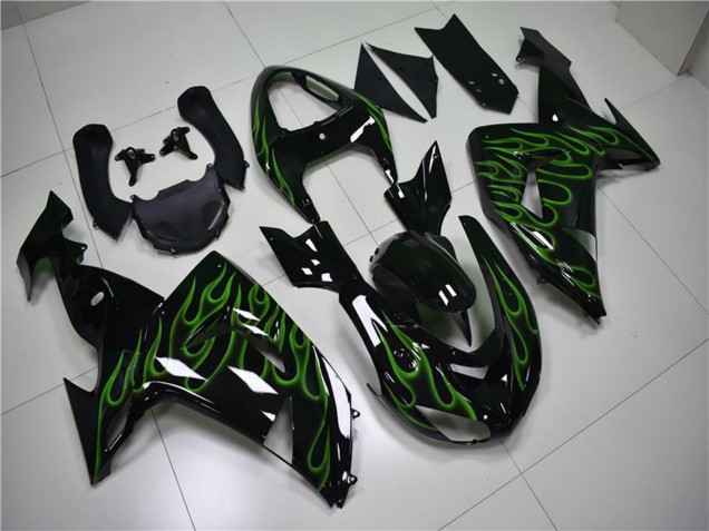 Erschwingliche Kawasaki ZX10R Motorrad Verkleidung 2006-2007 - Glanzendes Schwarz Grun Flamme