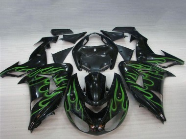 Erschwingliche Kawasaki ZX10R Motorrad Verkleidung 2006-2007 - Glanzendes Schwarz Grun Flamme