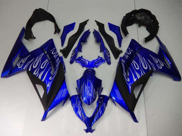 Erschwingliche Kawasaki Ninja 300 EX300R Motorrad Verkleidung 2013-2024 - Blau Schwarz Weiss Flamme