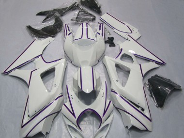 Erschwingliche Suzuki GSXR 1000 Motorrad Verkleidung 2007-2008 - Glanzendes Weiss Lila PinStreifen