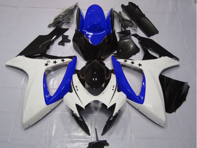 Erschwingliche Suzuki GSXR 600 / GSXR 750 Motorrad Verkleidung 2006-2007 - Weiss Blau Glanzendes Schwarz Stern