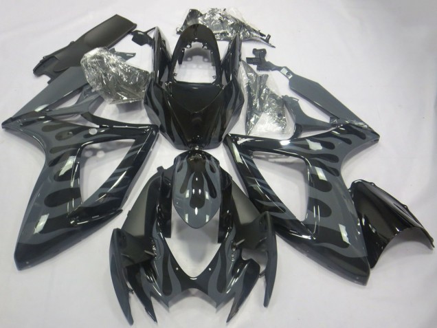 Erschwingliche Suzuki GSXR 600 / GSXR 750 Motorrad Verkleidung 2006-2007 - Grau Schwarz Flamme