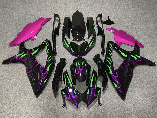 Erschwingliche Suzuki GSXR 600 / GSXR 750 Motorrad Verkleidung 2008-2010 - Glanzendes Schwarz Rosa Lila Grun Flamme