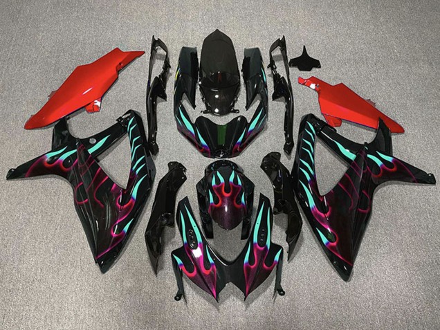 Erschwingliche Suzuki GSXR 600 / GSXR 750 Motorrad Verkleidung 2008-2010 - Glanzendes Schwarz Rot Cyan Flamme