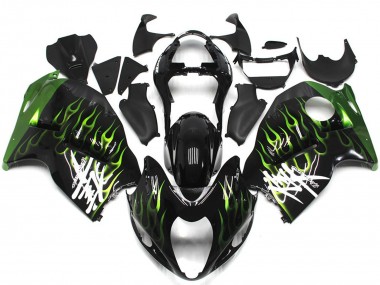 Erschwingliche Suzuki GSXR 1300 Motorrad Verkleidung 1996-2007 - Glanzendes Schwarz mit Dunkel Grun Flamme