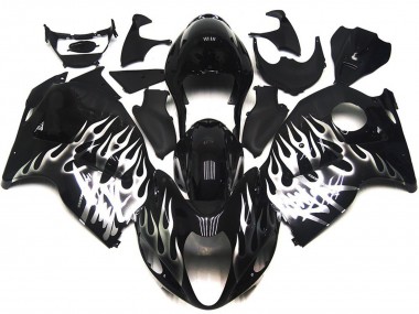 Erschwingliche Suzuki GSXR 1300 Motorrad Verkleidung 1996-2007 - Glanzendes Schwarz mit Silber Flamme