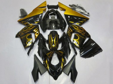 Erschwingliche Kawasaki ZX10R Motorrad Verkleidung 2004-2005 - Glanzendes Schwarz Gold Flamme