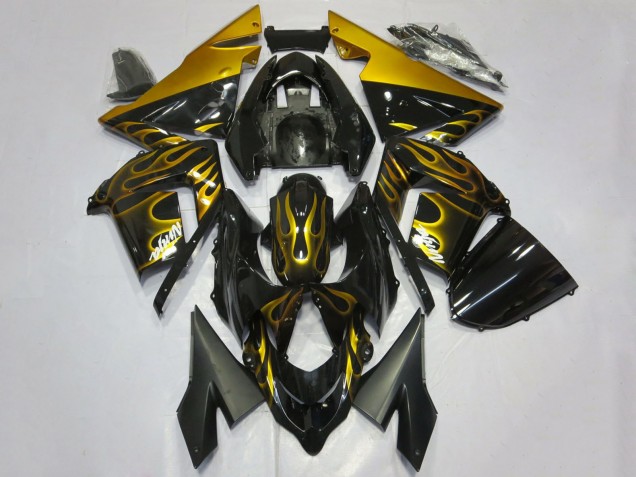 Erschwingliche Kawasaki ZX10R Motorrad Verkleidung 2004-2005 - Glanzendes Schwarz Gold Flamme