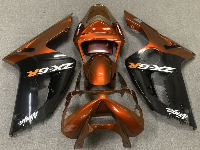 Erschwingliche Kawasaki ZX6R Motorrad Verkleidung 2003-2004 - Orange Glanzendes Schwarz