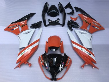 Erschwingliche Kawasaki ZX6R Motorrad Verkleidung 2009-2012 - Orange Weiss Glanzendes Schwarz Elf Touch4 Bridgestone