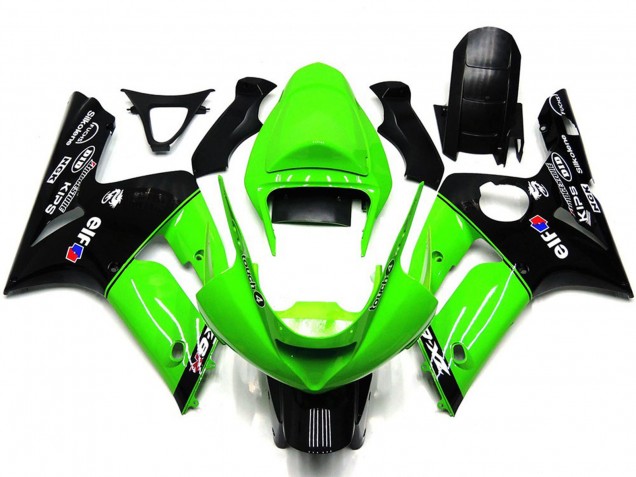 Erschwingliche Kawasaki ZX6R Motorrad Verkleidung 2003-2004 - Grun Glanzendes Schwarz Elf Silkolene