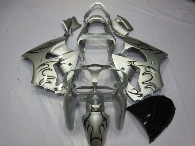 Erschwingliche Kawasaki ZX6R Motorrad Verkleidung 2000-2002 - Silber Schwarz Flamme