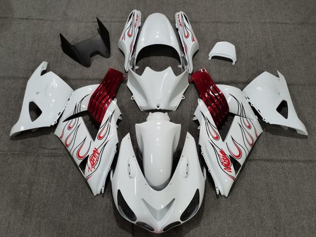 Erschwingliche Kawasaki ZX14R Motorrad Verkleidung 2006-2011 - Weiss Rot Flamme