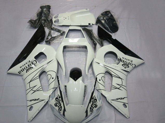 Erschwingliche Yamaha R6 Motorrad Verkleidung 1998-2002 - Weiss Schwarz Corona Motul