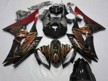 Erschwingliche Yamaha R6 Motorrad Verkleidung 2008-2016 - Rot Glanzendes Schwarz Gold Flamme