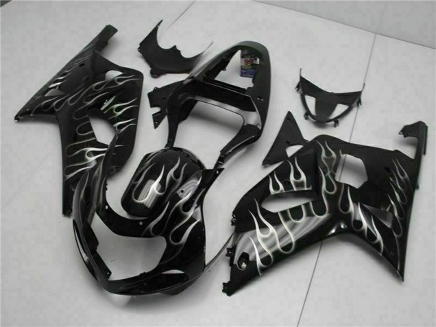 Erschwingliche Suzuki GSXR 600/750 Motorrad Verkleidung 2001-2003 - Glanzendes Schwarz Silber Flamme