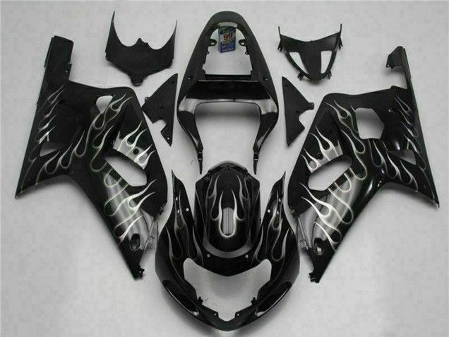 Erschwingliche Suzuki GSXR 600/750 Motorrad Verkleidung 2001-2003 - Glanzendes Schwarz Silber Flamme
