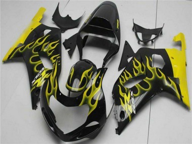 Erschwingliche Suzuki GSXR 600/750 Motorrad Verkleidung 2001-2003 - Glanzendes Schwarz Gelb Flamme