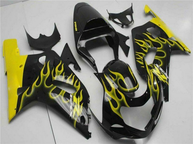 Erschwingliche Suzuki GSXR 600/750 Motorrad Verkleidung 2001-2003 - Glanzendes Schwarz Gelb Flamme