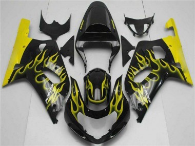 Erschwingliche Suzuki GSXR 600/750 Motorrad Verkleidung 2001-2003 - Glanzendes Schwarz Gelb Flamme