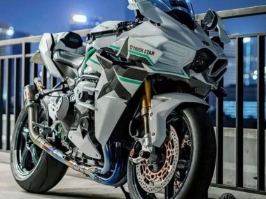 Erschwingliche Kawasaki Ninja H2 Motorrad Verkleidung 2015-2022 - Weiss mit Grun Linie