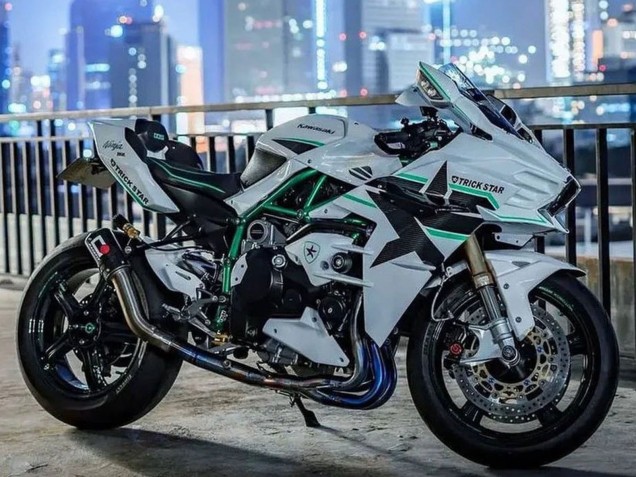 Erschwingliche Kawasaki Ninja H2 Motorrad Verkleidung 2015-2022 - Weiss mit Grun Linie