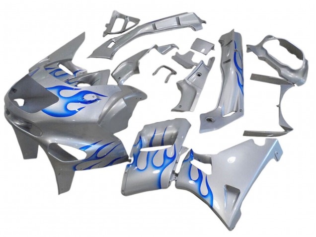 Erschwingliche Kawasaki ZZR400 Motorrad Verkleidung 1993-2007 - Weiss Blau Flamme