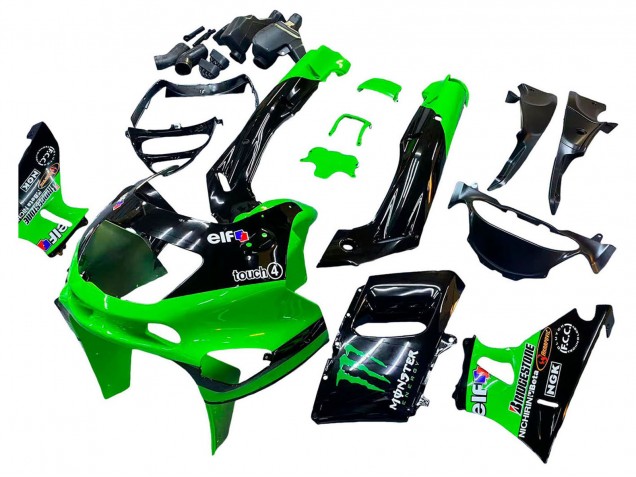Erschwingliche Kawasaki ZZR400 Motorrad Verkleidung 1993-2007 - Grun Glanzendes Schwarz Grun Monster Elf Touch4 Bridgestone