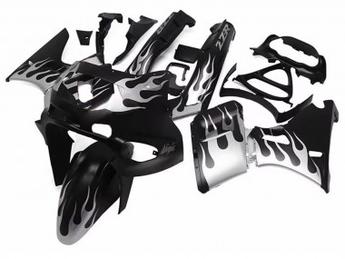 Erschwingliche Kawasaki ZZR400 Motorrad Verkleidung 1993-2007 - Glanzendes Schwarz Silber Flamme