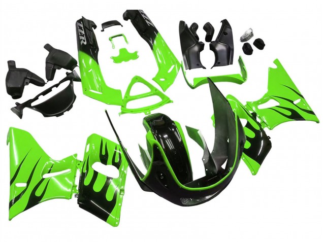 Erschwingliche Kawasaki ZZR400 Motorrad Verkleidung 1993-2007 - Grun Glanzendes Schwarz Flamme