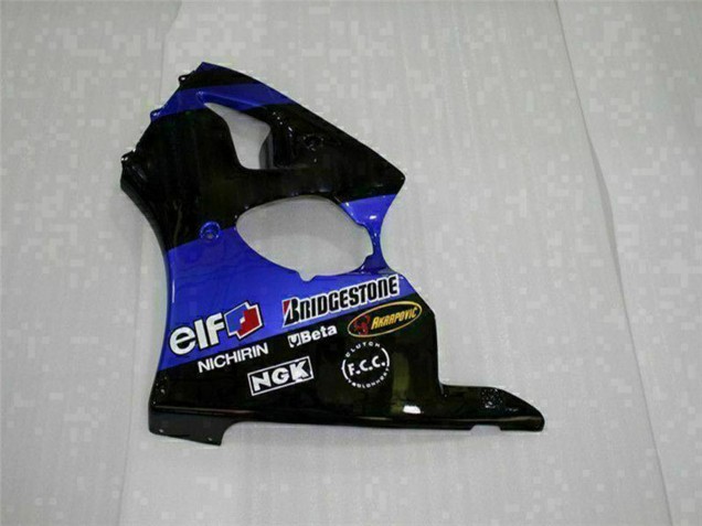 Erschwingliche Kawasaki ZX6R Motorrad Verkleidung 2000-2002 - Blau Glanzendes Schwarz Elf Bridgestone