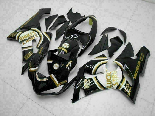 Erschwingliche Kawasaki ZX6R Motorrad Verkleidung 2005-2006 - Glanzendes Schwarz Weiss Gold Lucky Strike