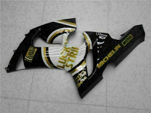 Erschwingliche Kawasaki ZX6R Motorrad Verkleidung 2005-2006 - Glanzendes Schwarz Weiss Gold Lucky Strike
