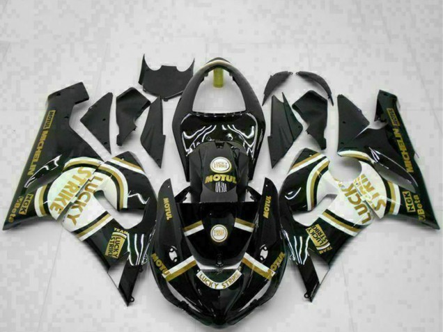 Erschwingliche Kawasaki ZX6R Motorrad Verkleidung 2005-2006 - Glanzendes Schwarz Weiss Gold Lucky Strike