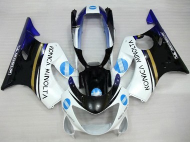 Erschwingliche Honda CBR600 F4 Motorrad Verkleidung 1999-2000 - Weiss Blau Glanzendes Schwarz Konica Minolta