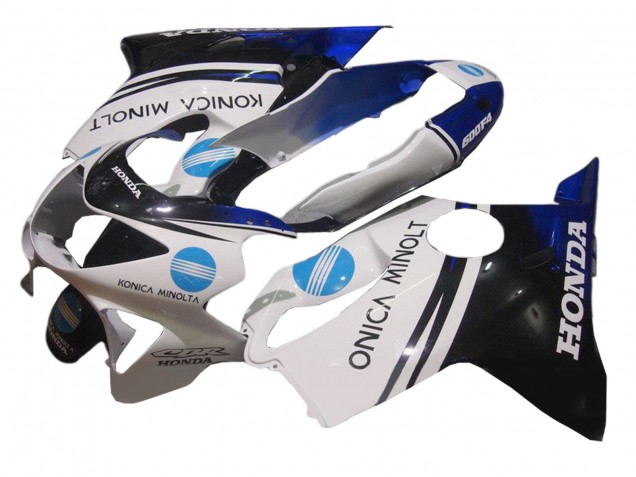 Erschwingliche Honda CBR600 F4 Motorrad Verkleidung 1999-2000 - Weiss Blau Glanzendes Schwarz Konica Minolta