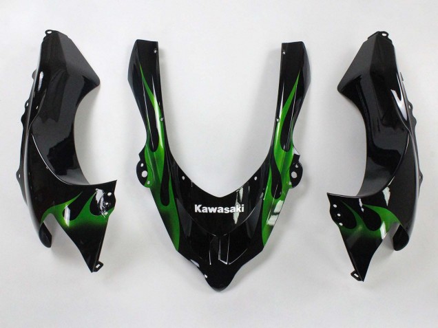 Erschwingliche Kawasaki ZX10R Motorrad Verkleidung 2004-2005 - Schwarz mit Gruner Flamme Ninja