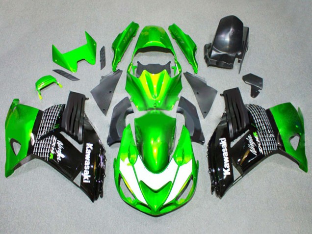 Erschwingliche Kawasaki ZX14R ZZR1400 Motorrad Verkleidung 2006-2011 - Grun Weiss Glanzendes Schwarz