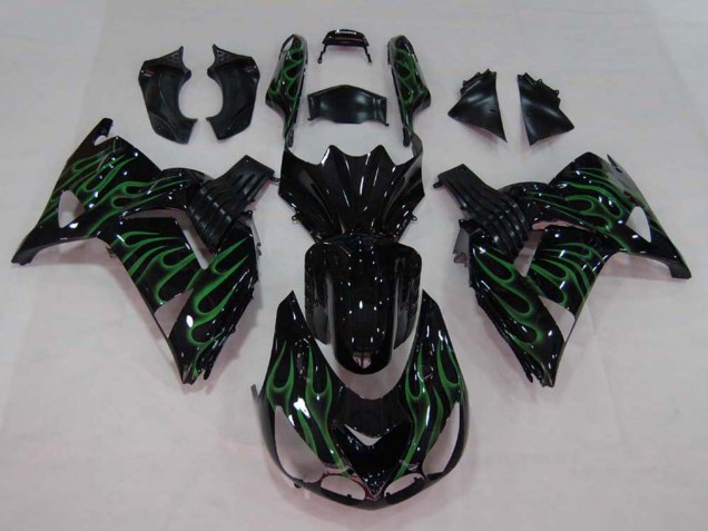 Erschwingliche Kawasaki ZX14R ZZR1400 Motorrad Verkleidung 2006-2011 - Glanzendes Schwarz Grun Flamme