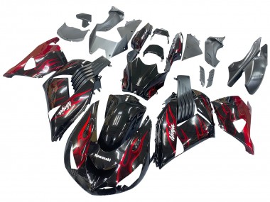 Erschwingliche Kawasaki ZX14R ZZR1400 Motorrad Verkleidung Kit 2006-2011 - Glanzendes Schwarz Rot Flamme