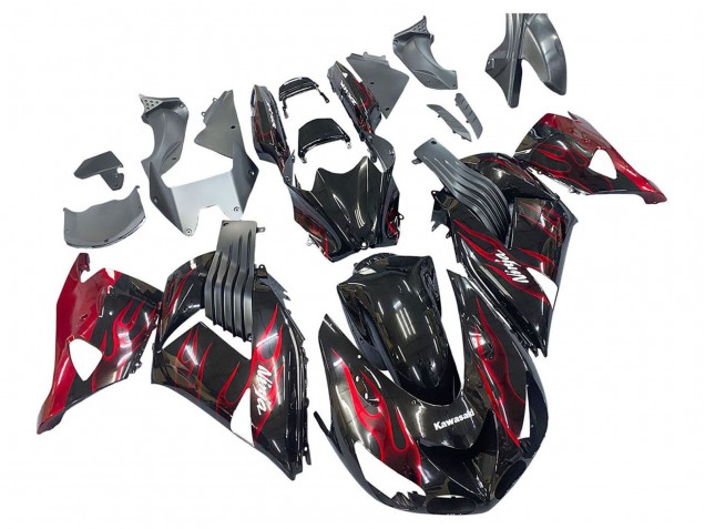 Erschwingliche Kawasaki ZX14R ZZR1400 Motorrad Verkleidung Kit 2006-2011 - Glanzendes Schwarz Rot Flamme