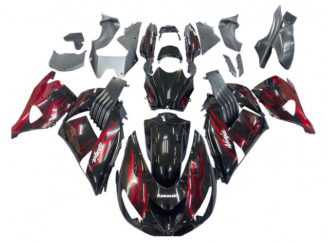 Erschwingliche Kawasaki ZX14R ZZR1400 Motorrad Verkleidung Kit 2006-2011 - Glanzendes Schwarz Rot Flamme