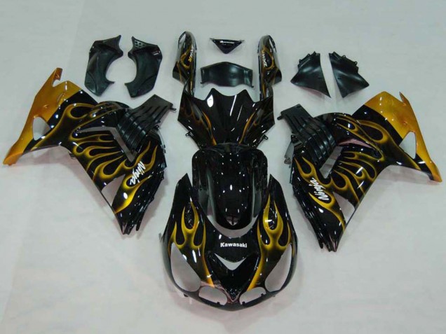 Erschwingliche Kawasaki ZX14R ZZR1400 Motorrad Verkleidung 2006-2011 - Glanzendes Schwarz Gold Flamme