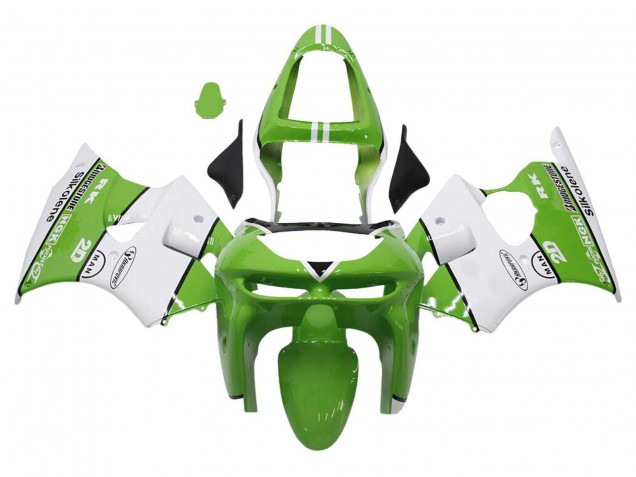 Erschwingliche Kawasaki ZX6R Motorrad Verkleidung 1998-1999 - Grun Weiss Schwarz Silkolene Bridgestone