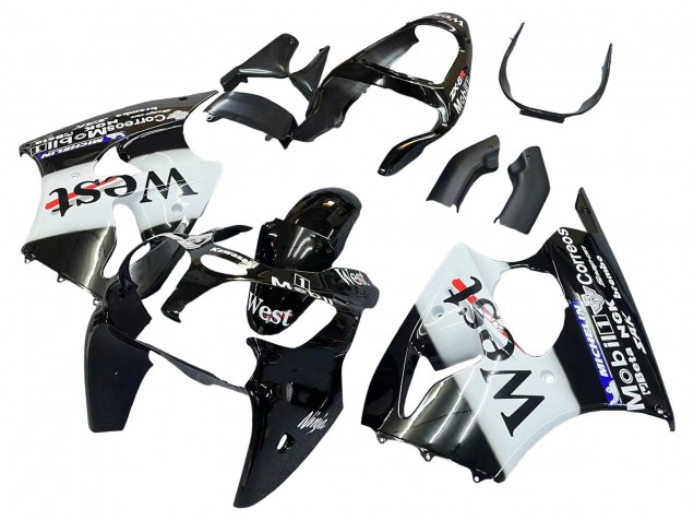 Erschwingliche Kawasaki ZX6R Motorrad Verkleidung 2000-2002 - Glanzendes Schwarz Weiss West Michelin