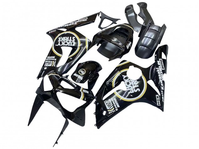 Erschwingliche Kawasaki ZX6R Motorrad Verkleidung 2003-2004 - Glanzendes Schwarz Weiss Motul Lucky Strike