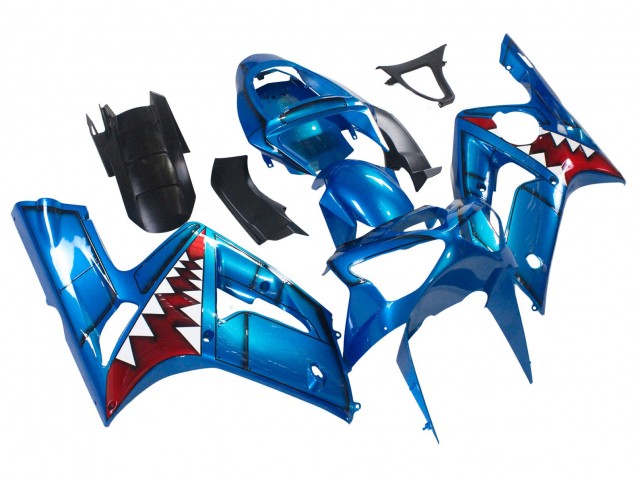 Erschwingliche Kawasaki ZX6R Motorrad Verkleidung 2003-2004 - Blau Weiss Rot Hai