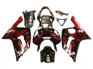 Erschwingliche Kawasaki ZX6R Motorrad Verkleidung 2003-2004 - Glanzendes Schwarz Rot Flamme