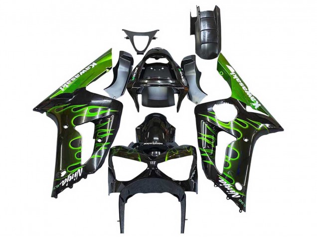 Erschwingliche Kawasaki ZX6R Motorrad Verkleidung 2003-2004 - Glanzendes Schwarz Grun Flamme
